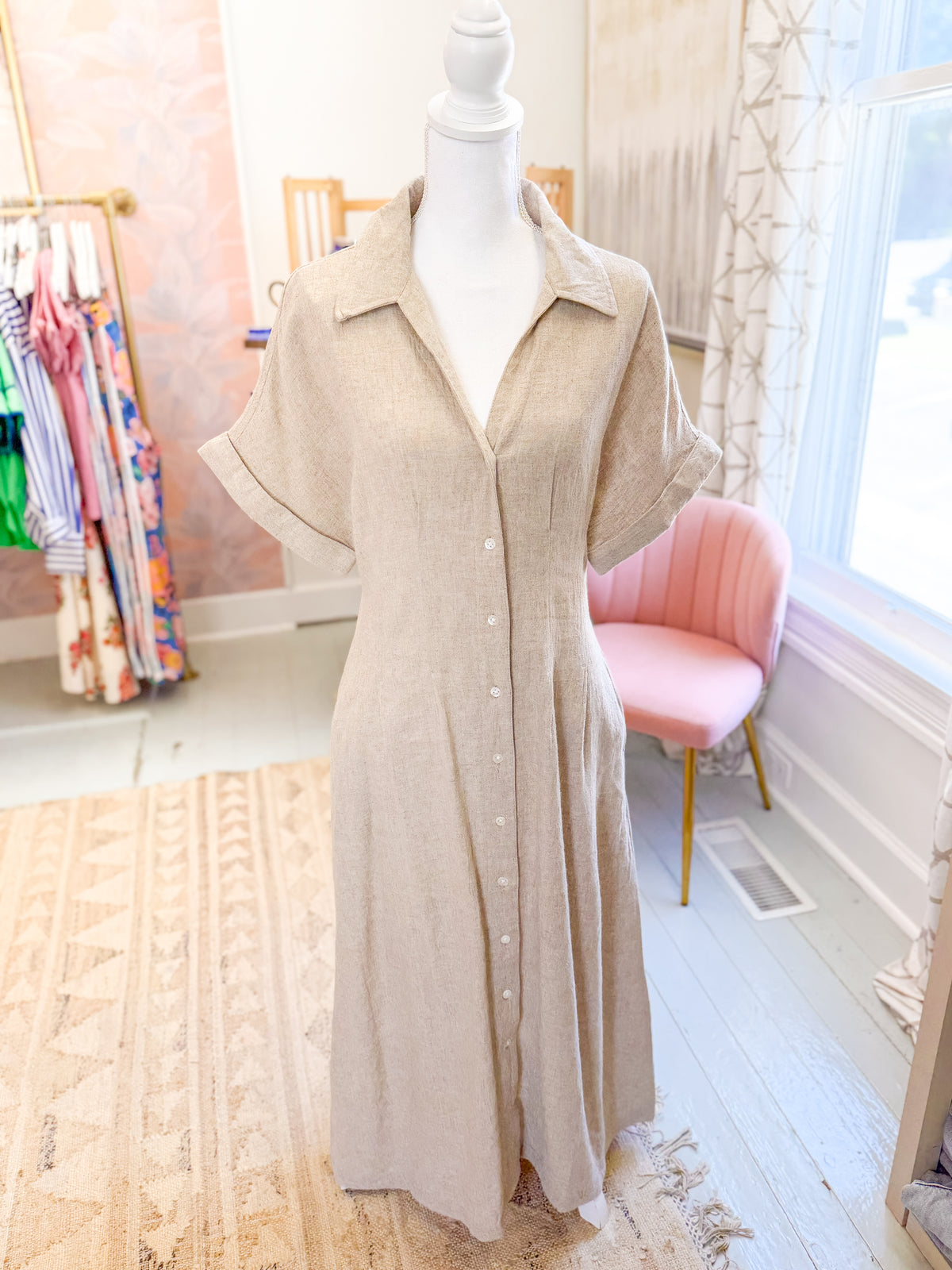 Short Sleeve Button Down Midi Dress - Beige
