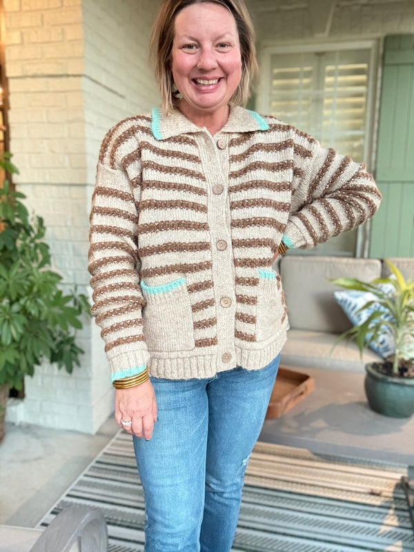 Striped Button-Up Collared Sweater with Pockets - Turquoise Trim