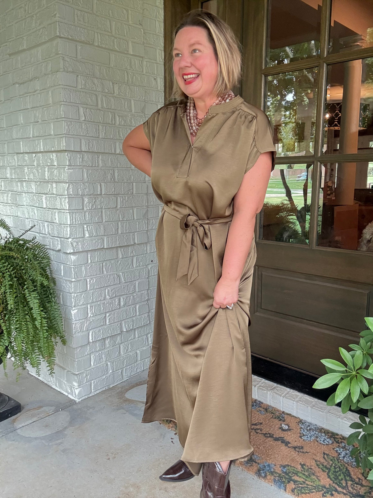 Olive Satin Tie-Back Midi Dress