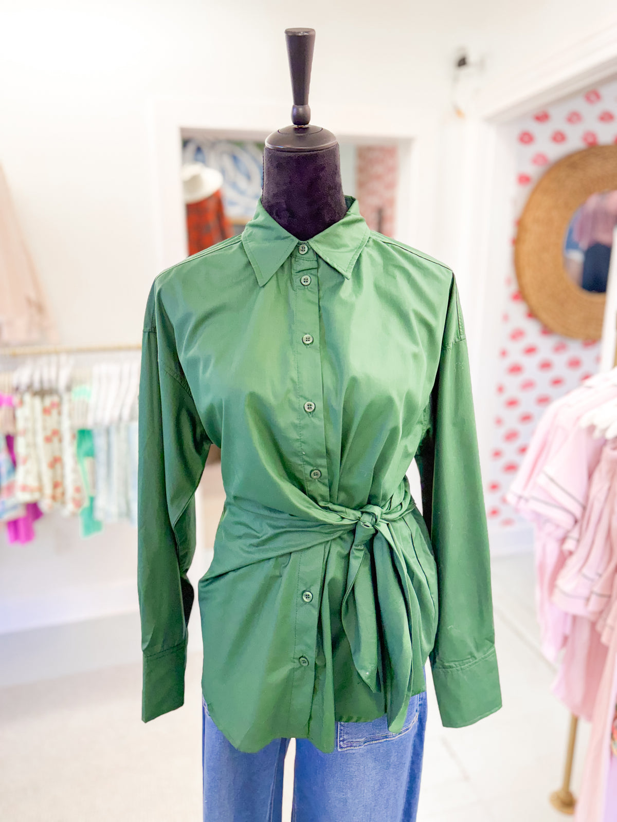 Solid Long Sleeve Blouse with Tie Waist - Pine