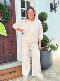 Terry Cropped Sleeve Crew Neck with Wide Leg Pant - Almond