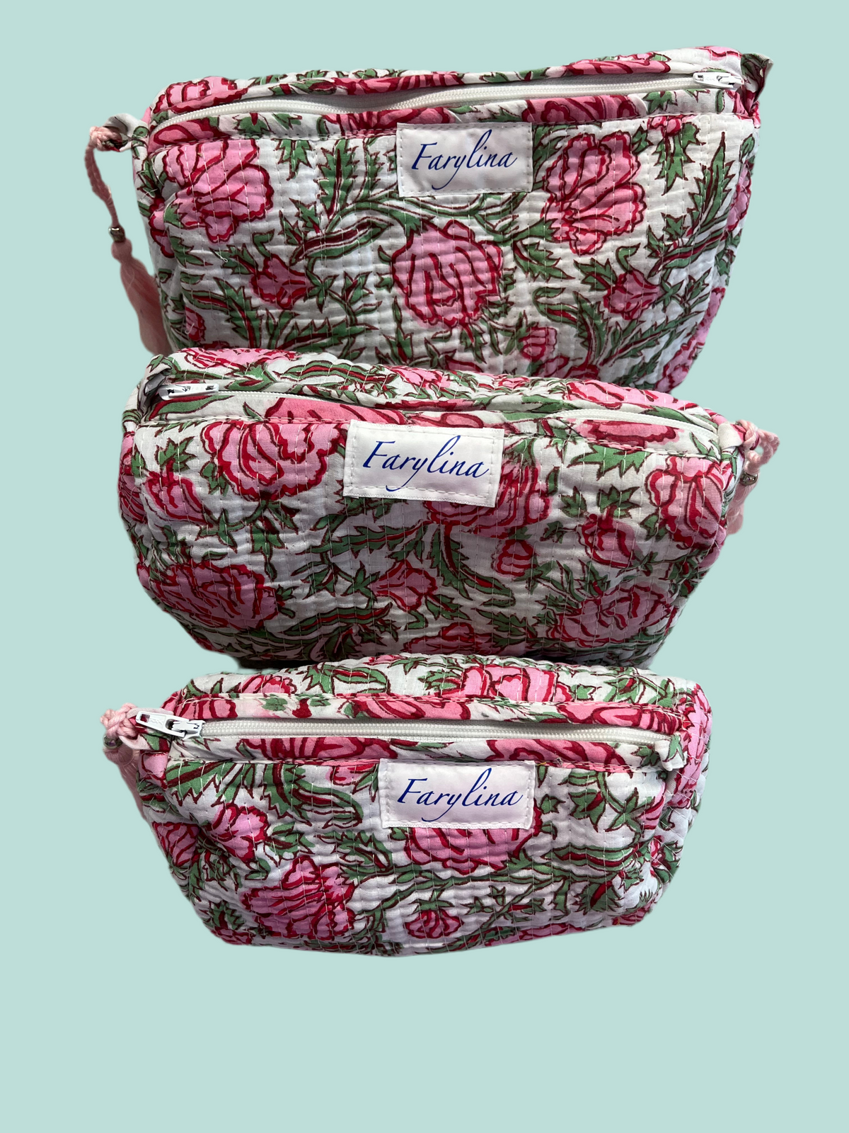 Pink & Green Floral Quilted Cosmetic Bag - Multiple Sizes