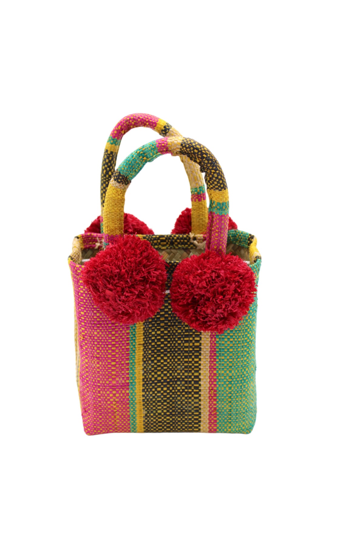 Straw Mini Bag with Pompom Accent