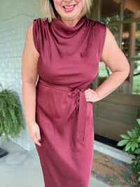 Mock Neck Sleeveless Midi Dress - Burgundy