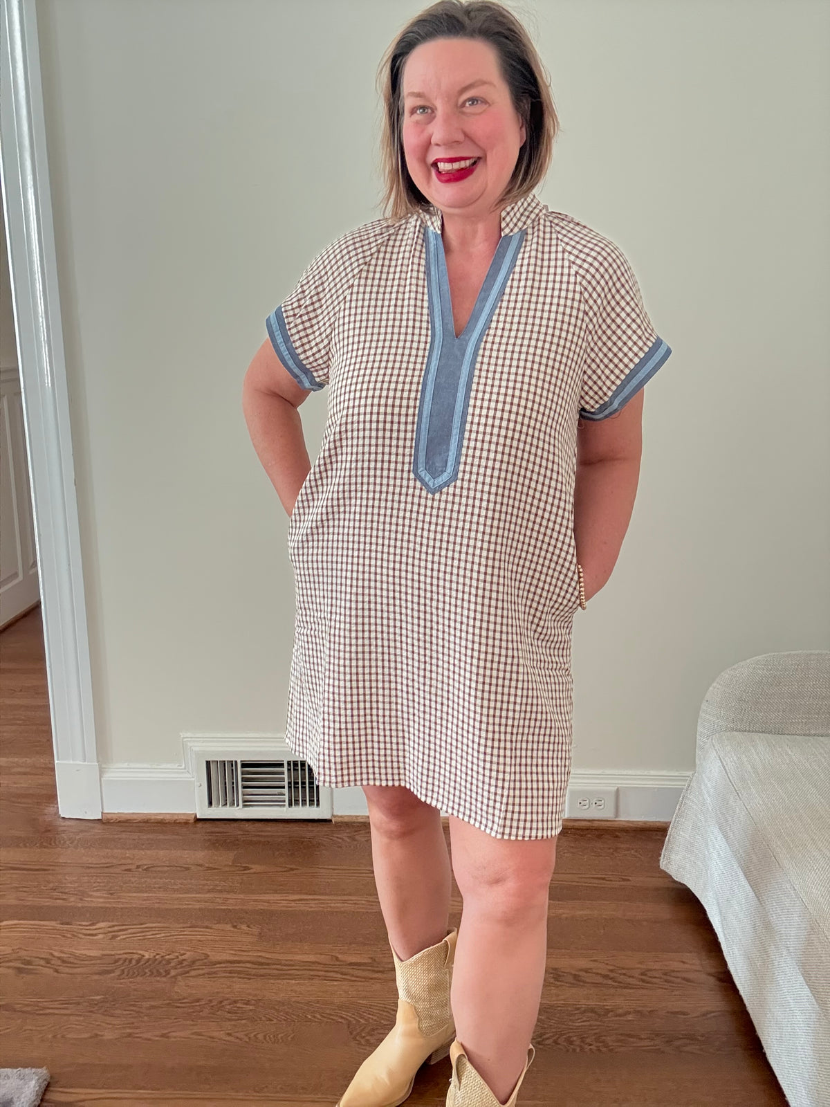 Short Sleeve Gingham Patterned Dress