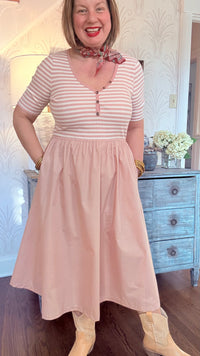 V-Neck Button Detailed Stripe Rib Knit and Woven Mix Dress - Blush