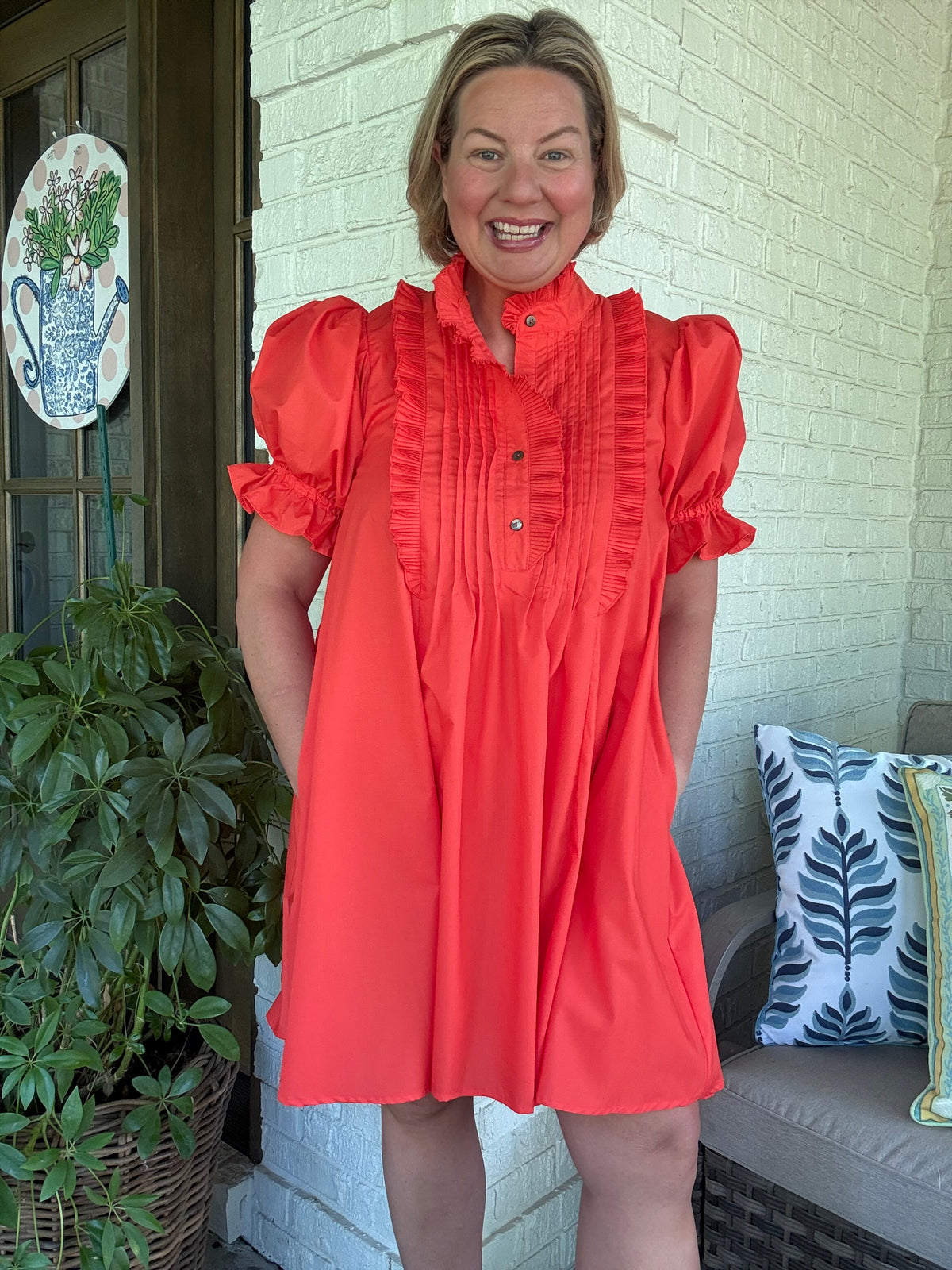 Julie Solid Ruffle Dress - Orange