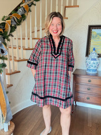 Holiday Plaid Dress with Trim - Black