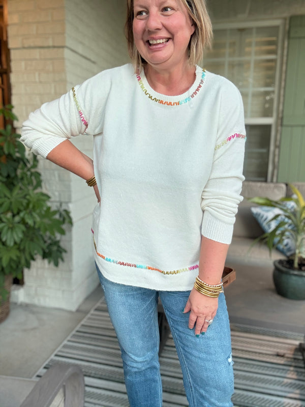 Confetti Trim Cream Sweater