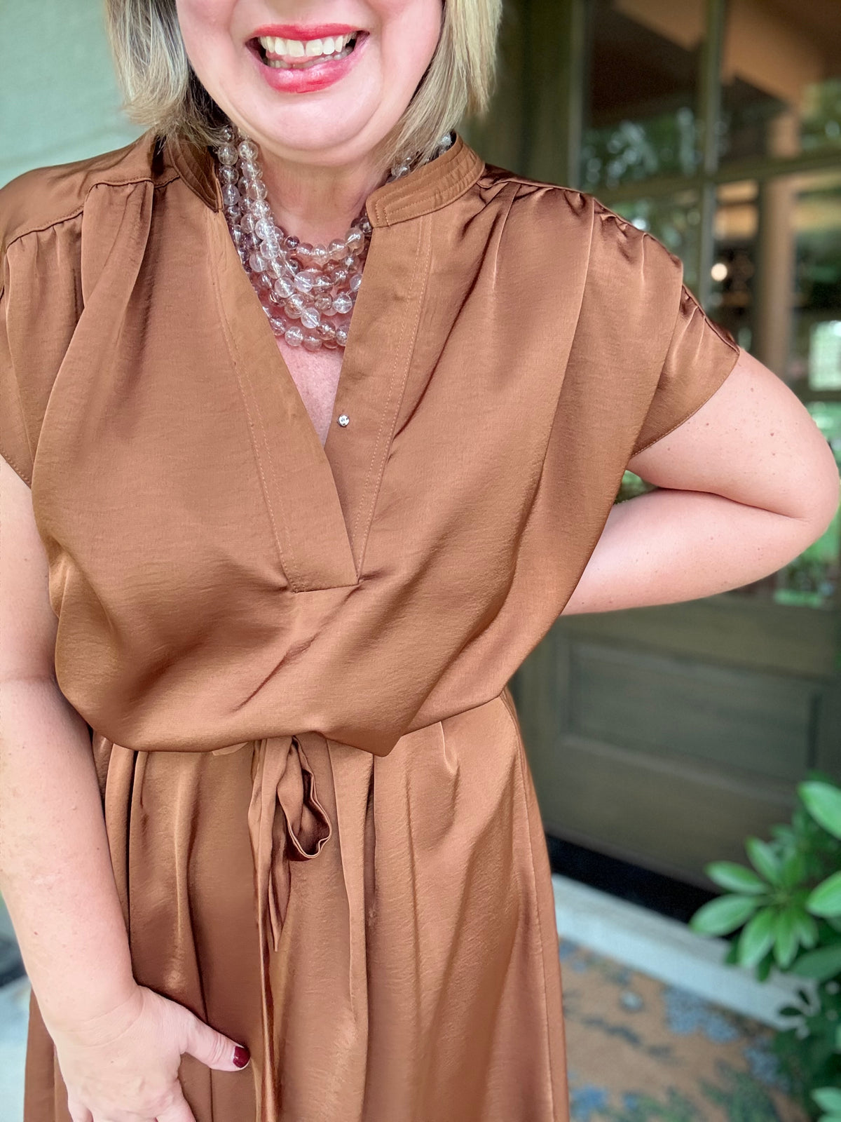 Cognac Satin Tie-Back Midi Dress