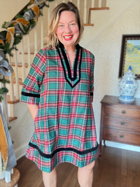 Holiday Plaid Dress with Trim - Green