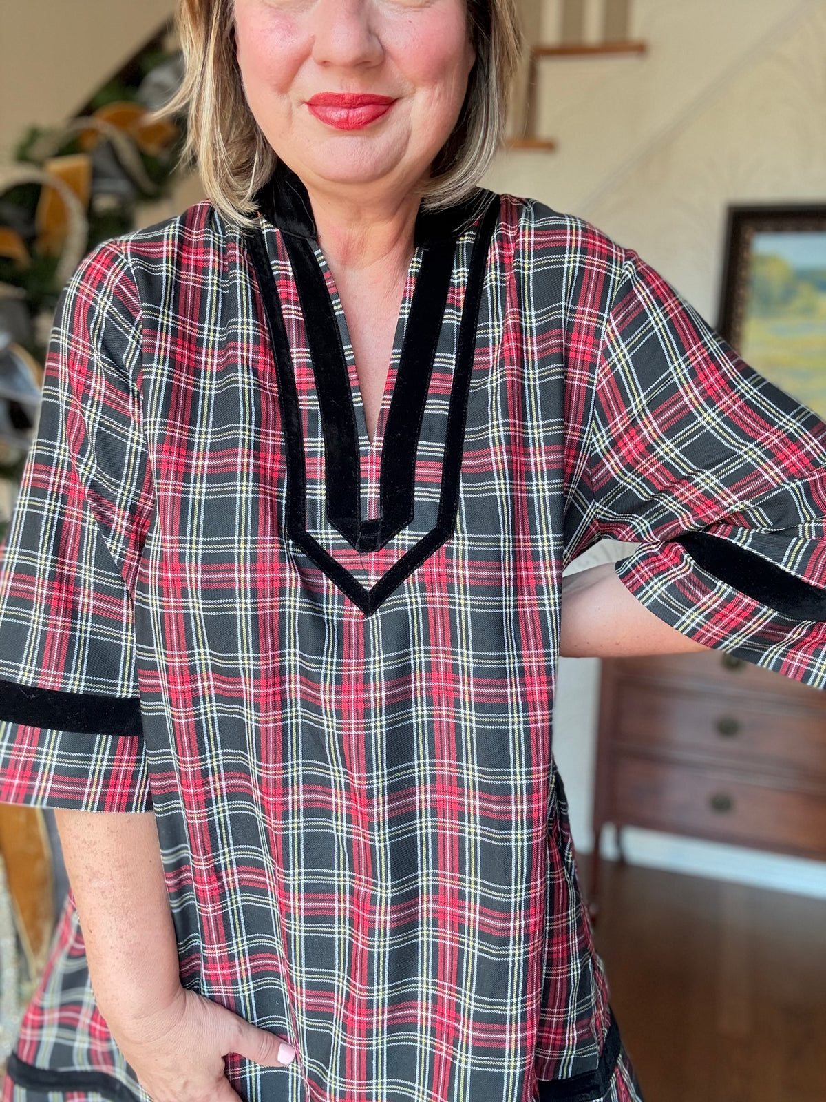 Holiday Plaid Dress with Trim - Black