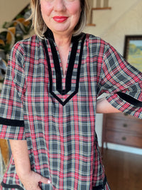 Holiday Plaid Dress with Trim - Black