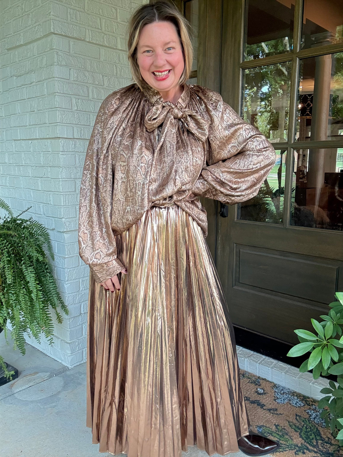 Sasha Metallic Tie-Neck Blouse