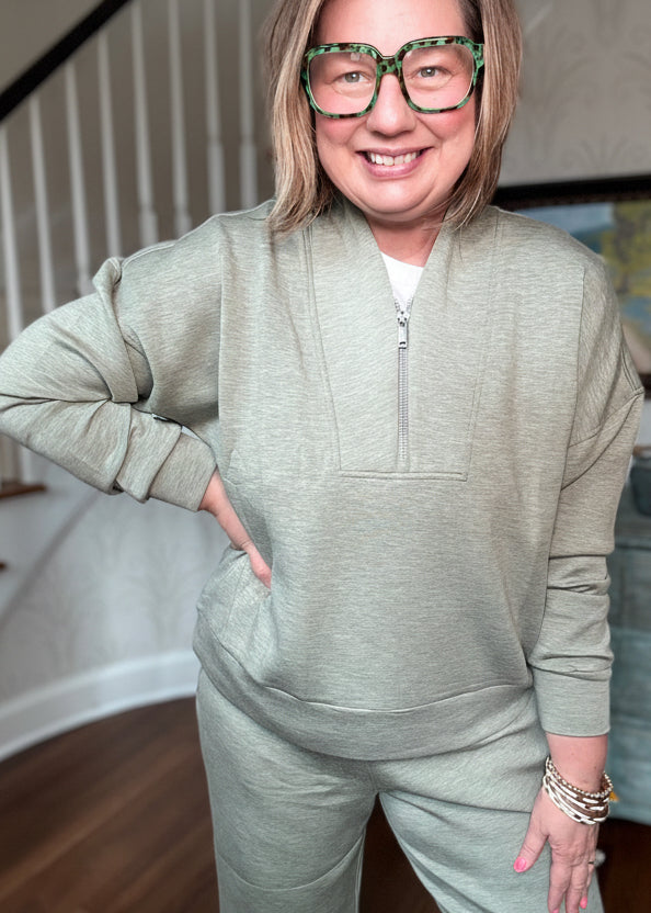 SPANX Shawl Collar Half Zip - Sage Brush Htr