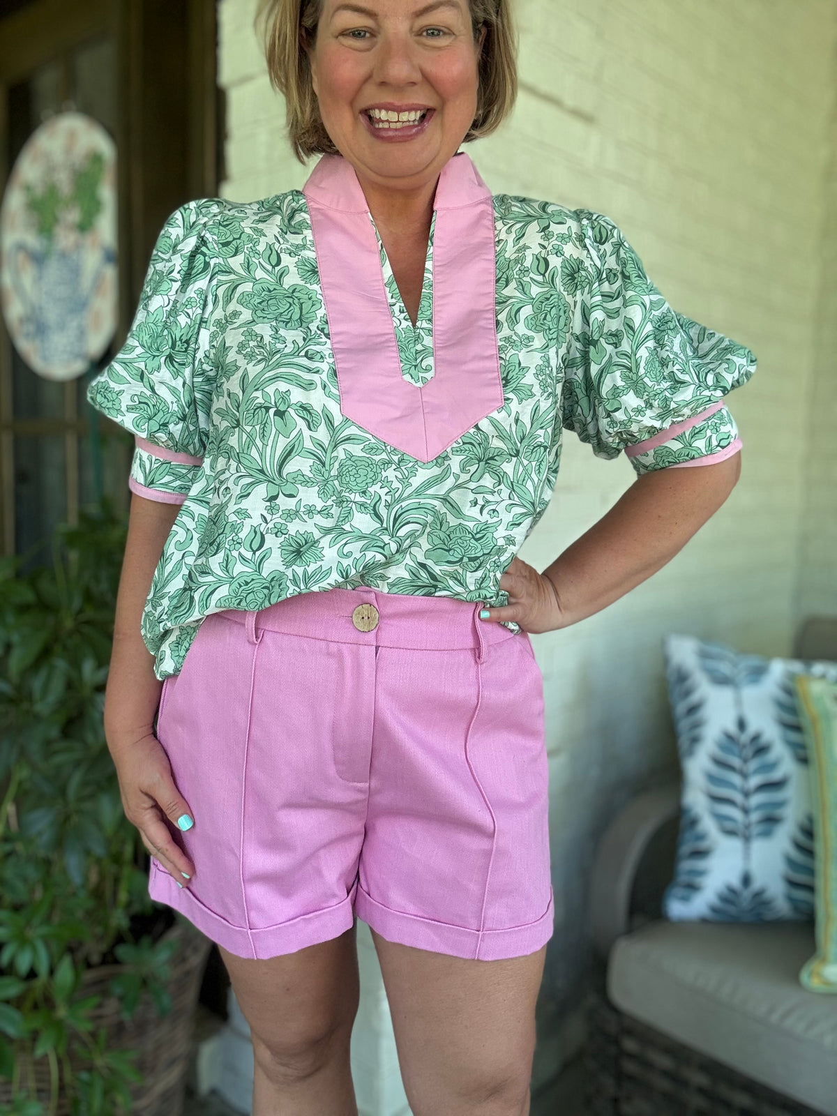 Garden Grace Floral Top w/ Pink Trim