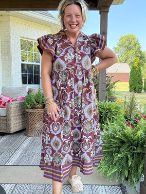 Golden Season Dress w/ Ruffle Sleeve - Red Bean