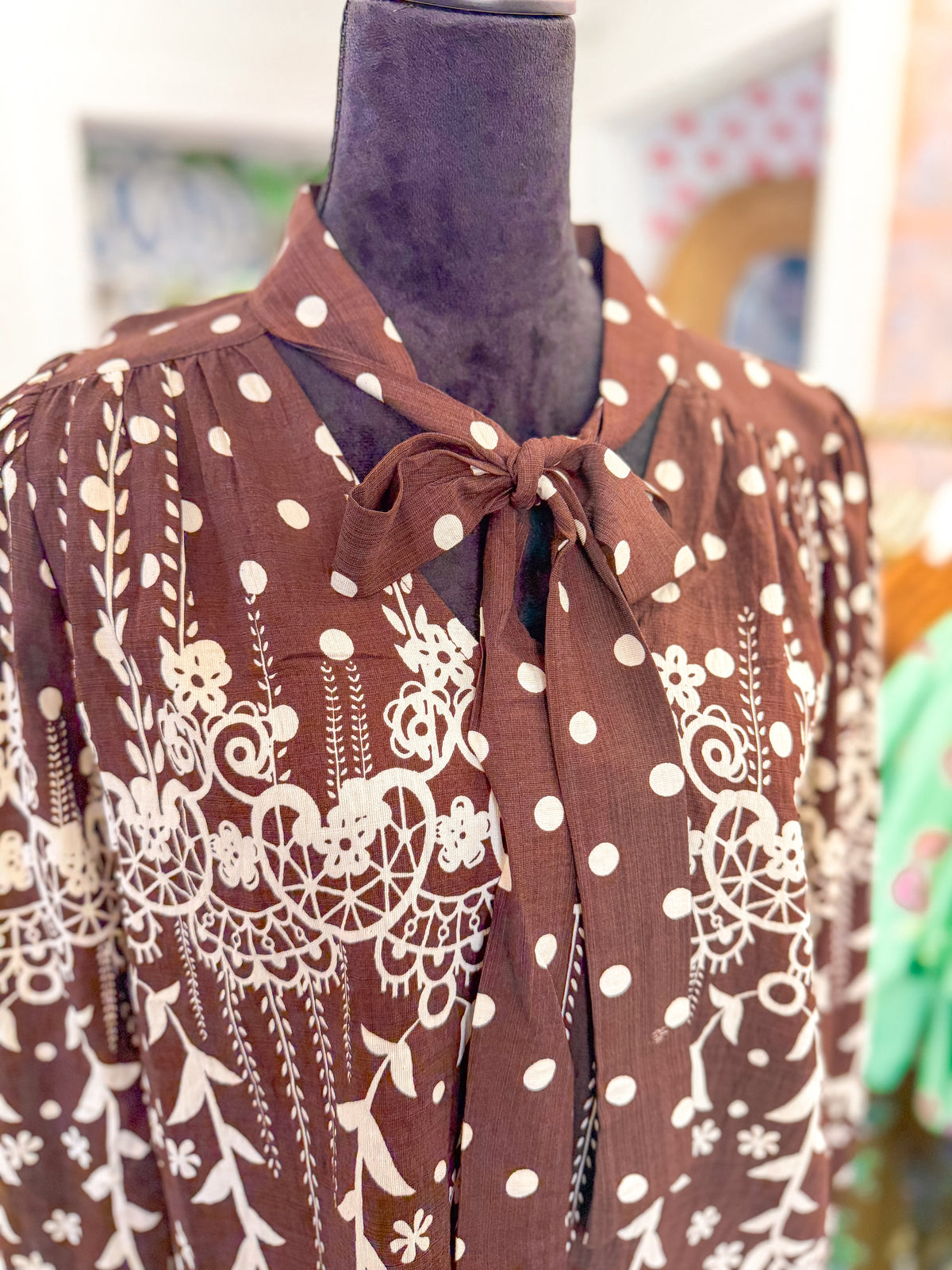 Tie Neck Long Sleeve Pattern Detail Top