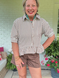 Falling for Stripes Ruffle Top - Brown