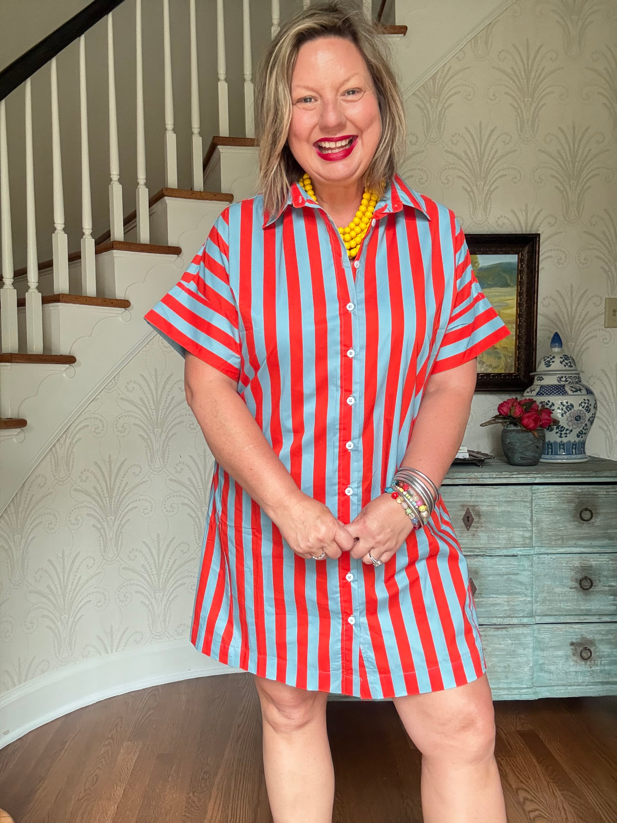 Blue and Red Striped Short Sleeve Button Up Dress