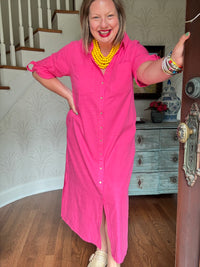 Casual Bright Pink Shirt Dress with Rolled Sleeves