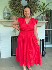 V-Neck Flutter Sleeve Midi Dress with Front Tie Front Detail - Red