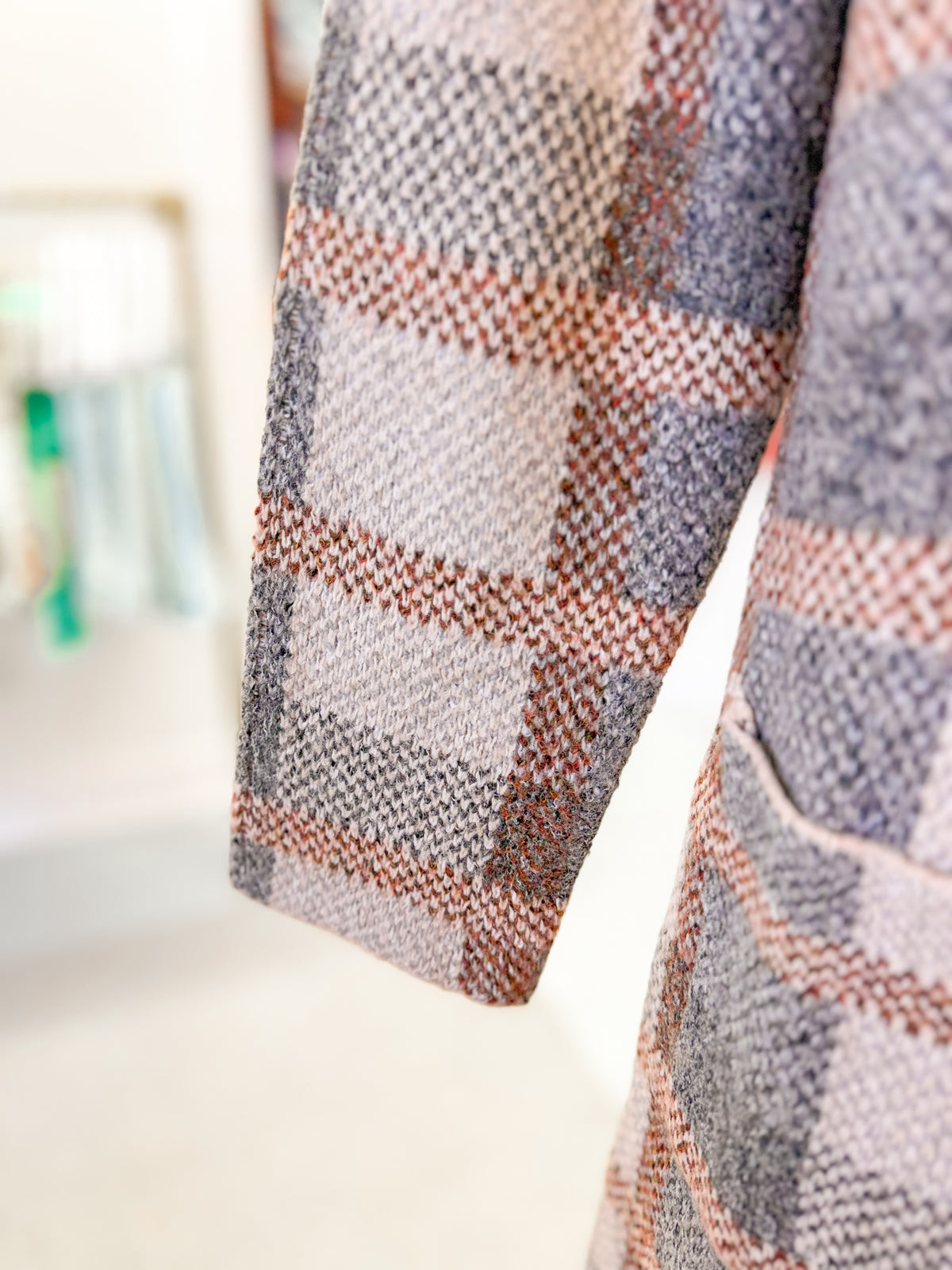 Checkered Jacquarded Tailored Collar Open Front Cardigan - Taupe