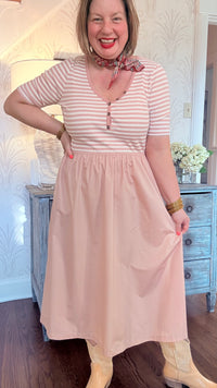 V-Neck Button Detailed Stripe Rib Knit and Woven Mix Dress - Blush
