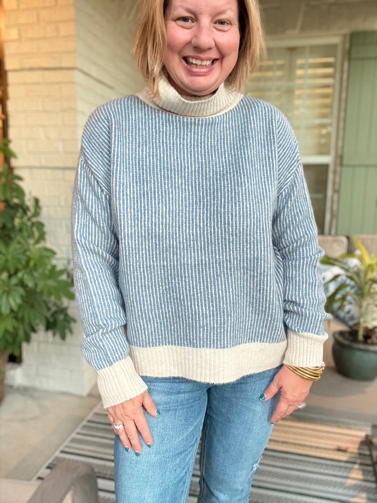 Blue & Cream Striped Knit Sweater