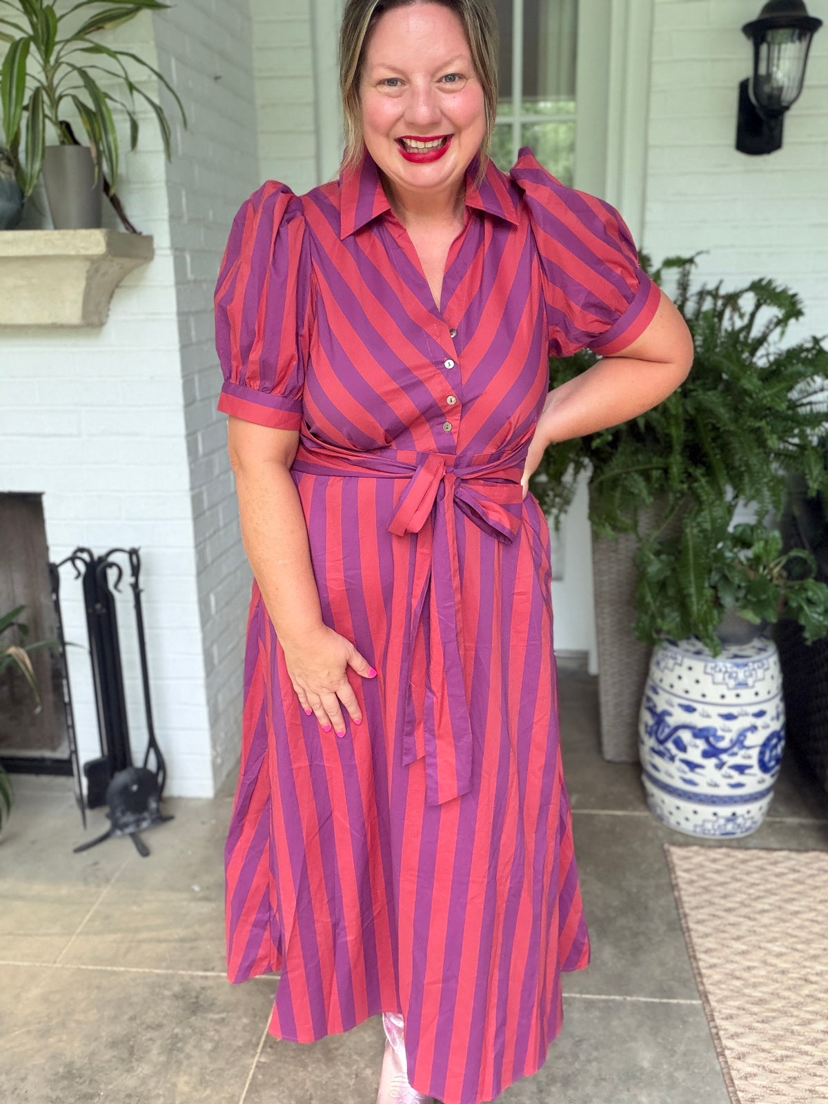 Striped Tie Waist Midi Dress - Plum