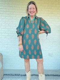 Teal Floral Puff Sleeve Dress