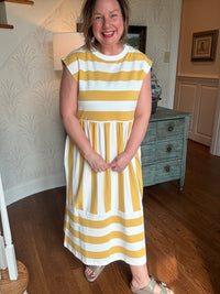 Rugby Striped Tiered Dress - Mustard