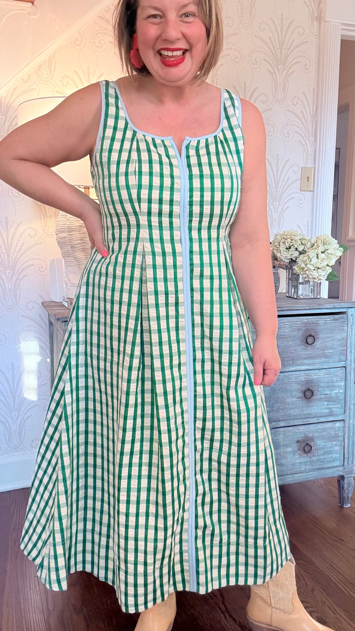 Thin Strap Gingham Pattern Dress - Green