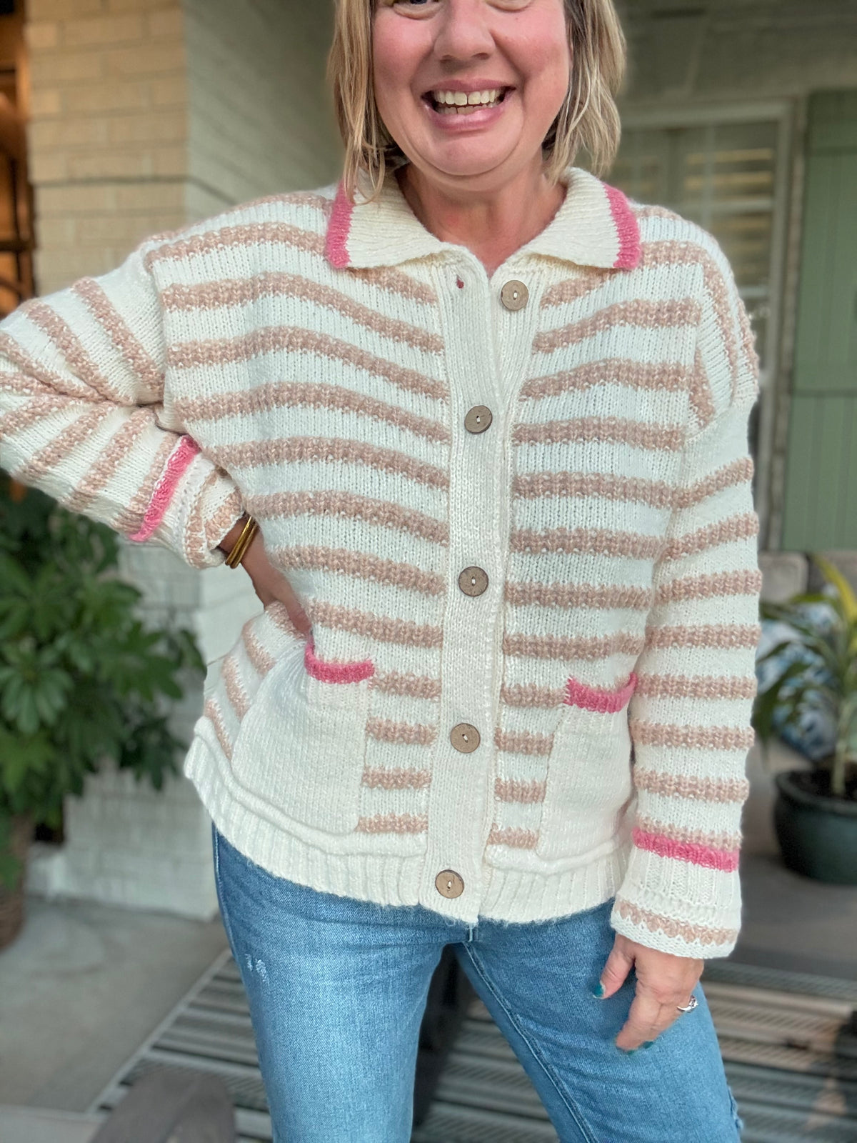 Striped Button-Up Collared Sweater with Pockets - Pink Trim