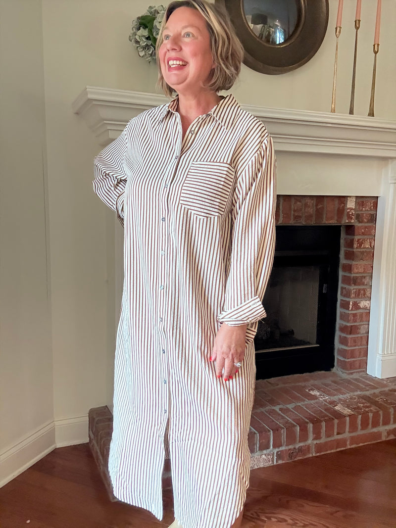 Charlotte Striped Button Down Dress - Caramel