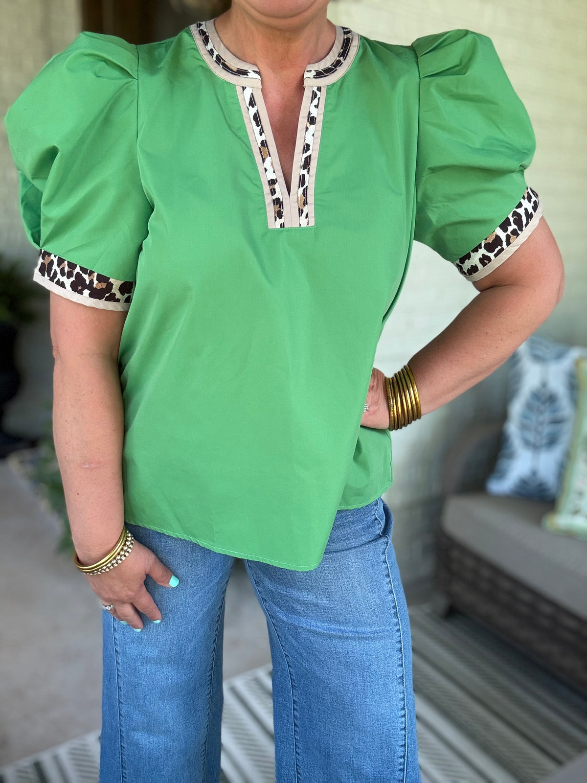 Wild Side Leopard Trim Top - Green
