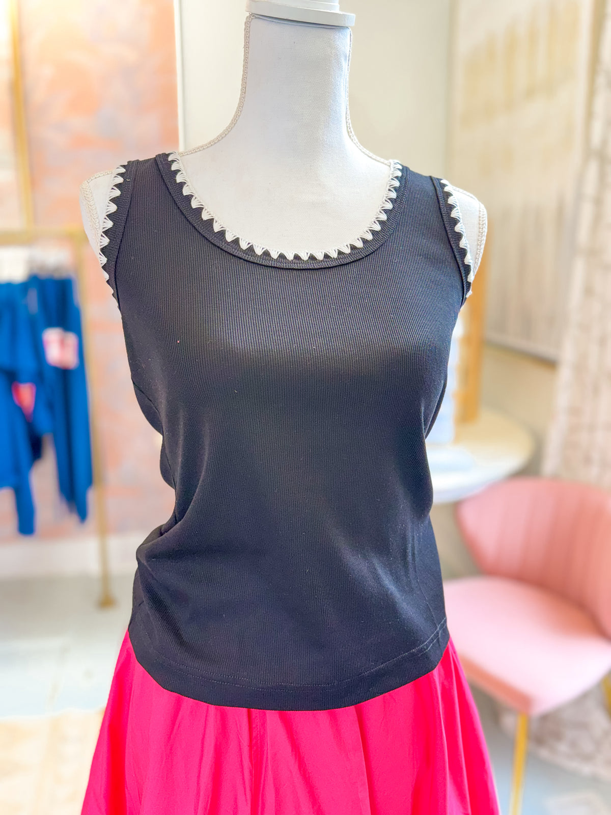 Black Ribbed Contrast Trim Tank