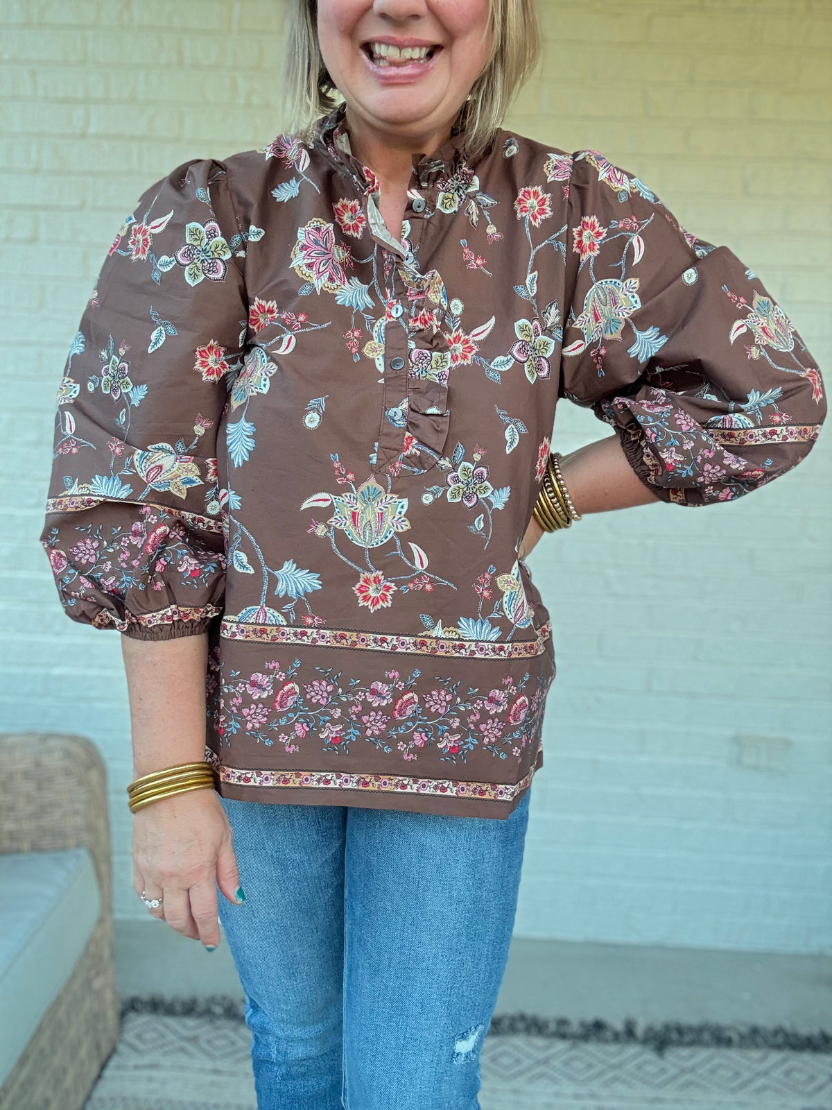 Mocha Floral Boho Blouse with Ruffle Neck