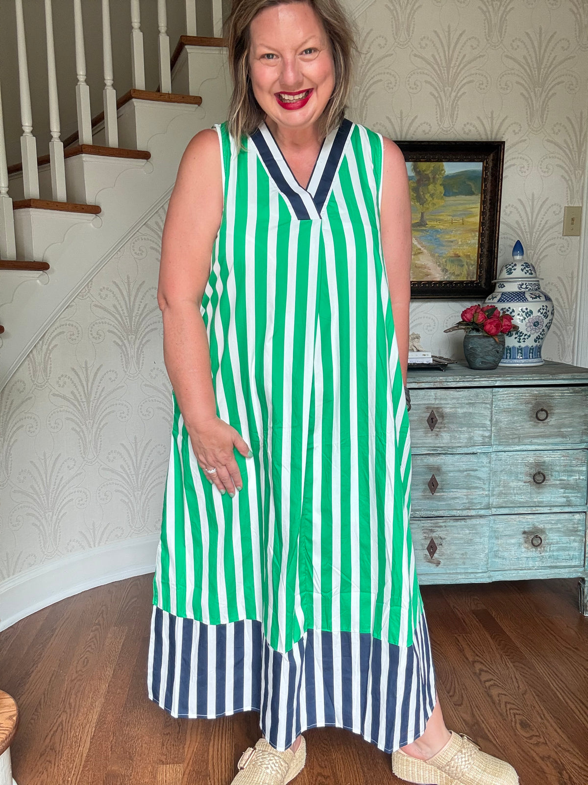 Green Stripe Sleeveless Maxi Dress