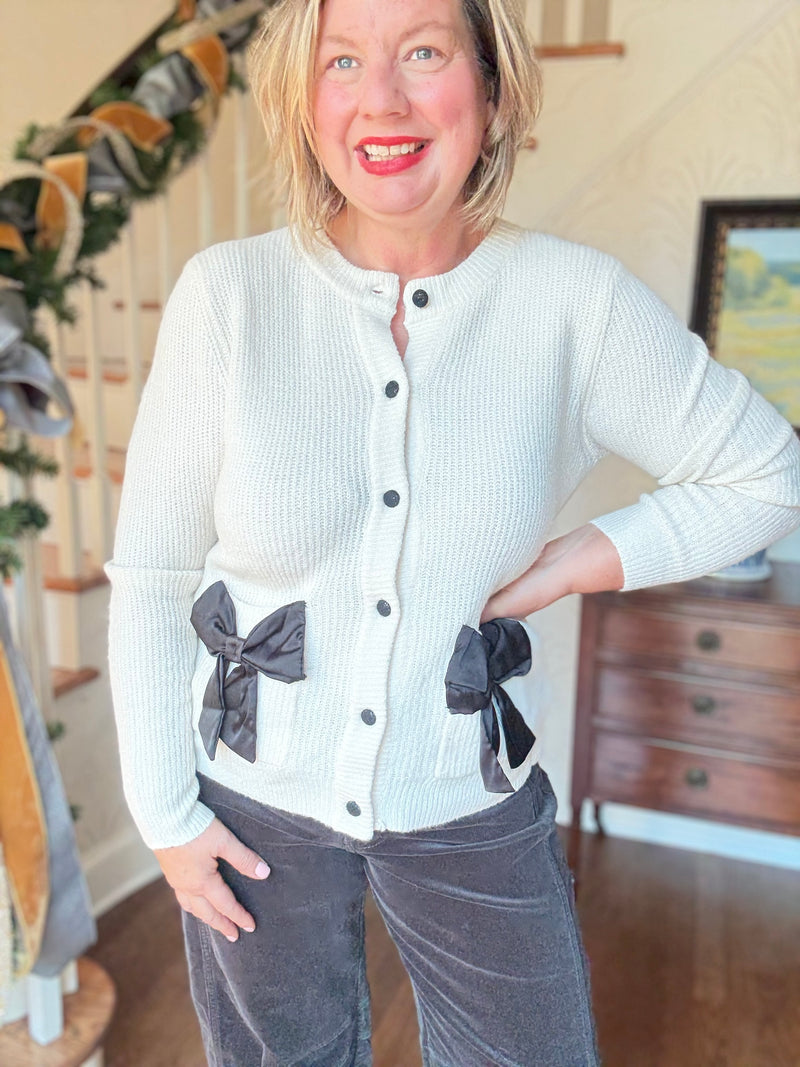 Cream Black Bow Pocket Cardigan