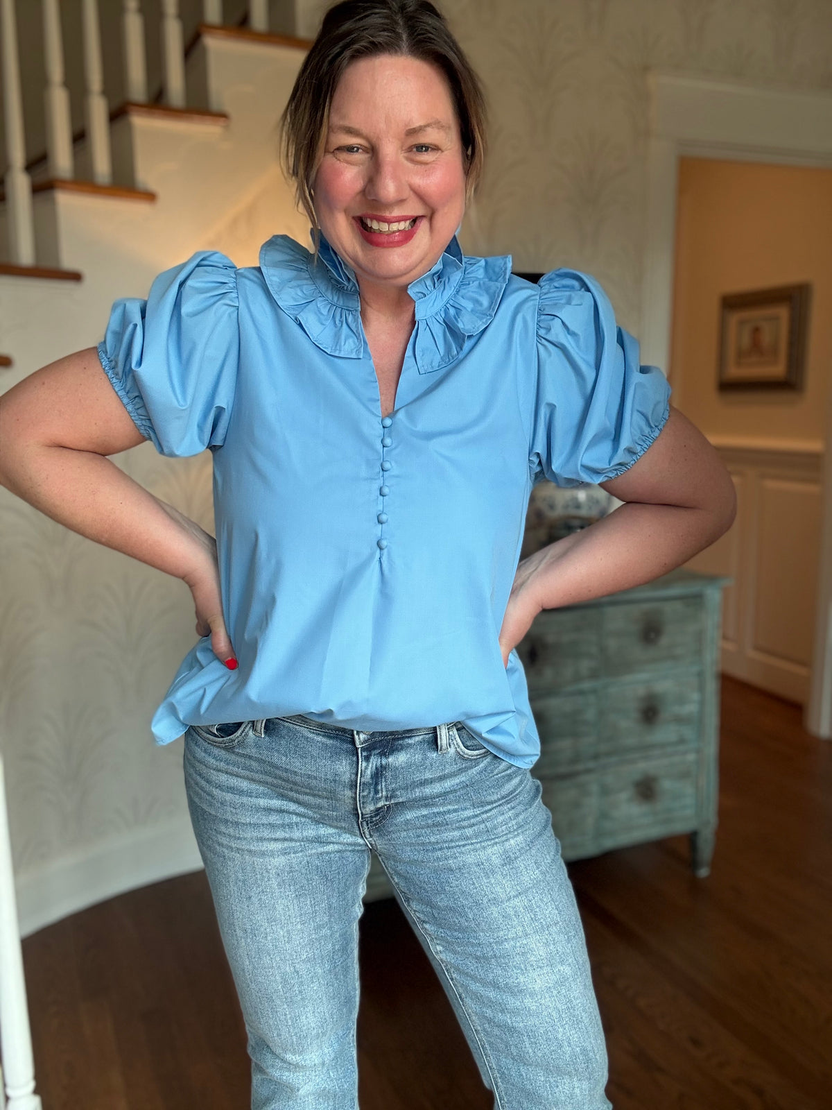 Chambray Rachel Ruffle Collar Blouse