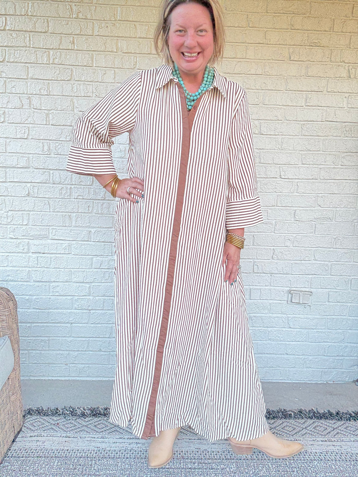Striped Button Front Maxi Shirt Dress- Caramel
