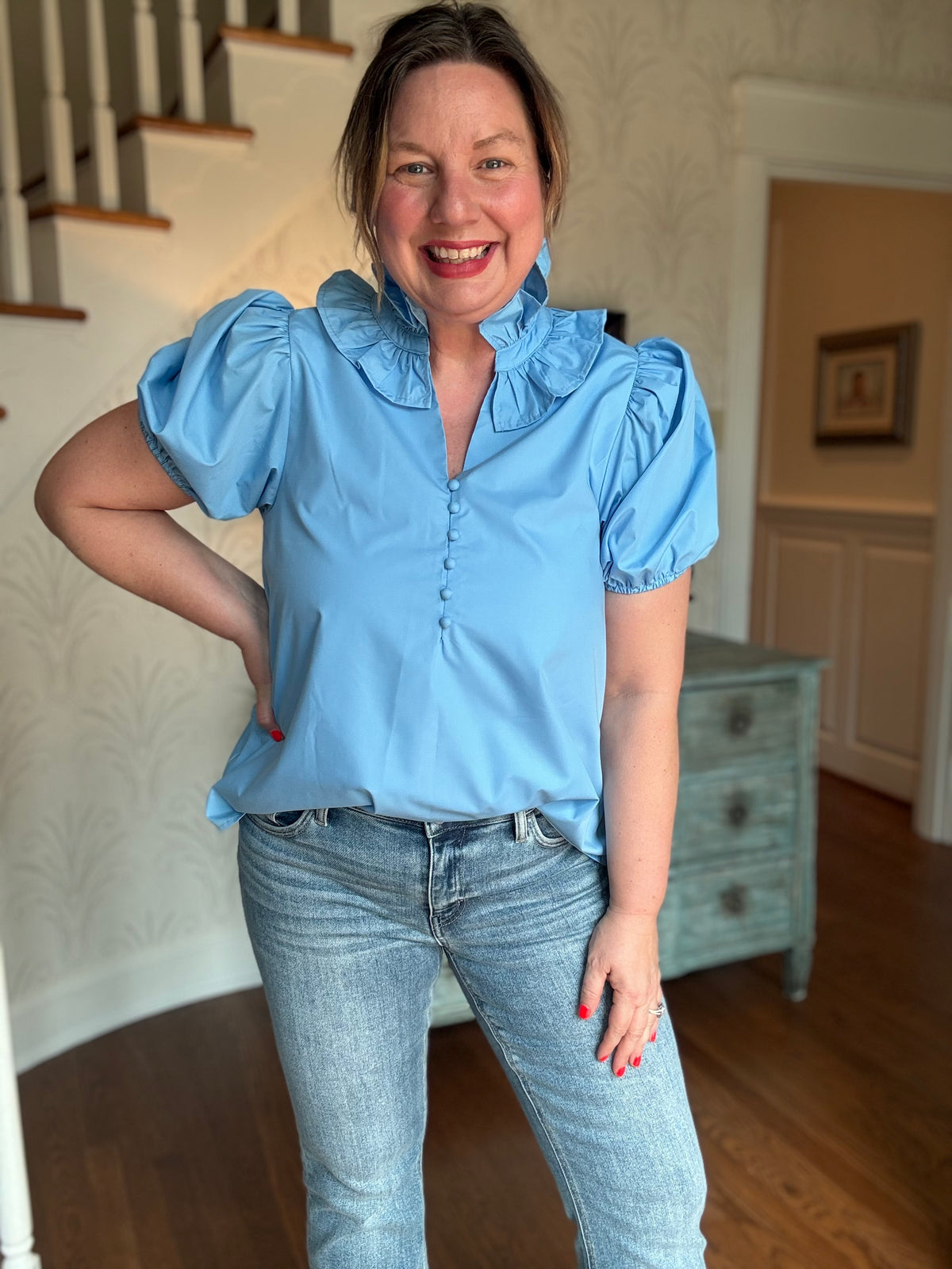 Chambray Rachel Ruffle Collar Blouse