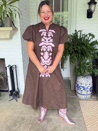 Brown and Pink Floral Puff Sleeve Dress