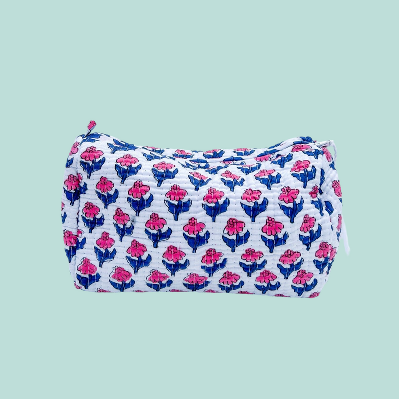 Hot Pink & Royal Floral Quilted Cosmetic Bag - Multiple Sizes