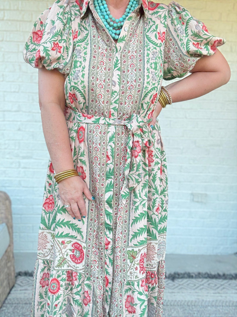Boho Mixed Print Maxi Dress with Tie Waist
