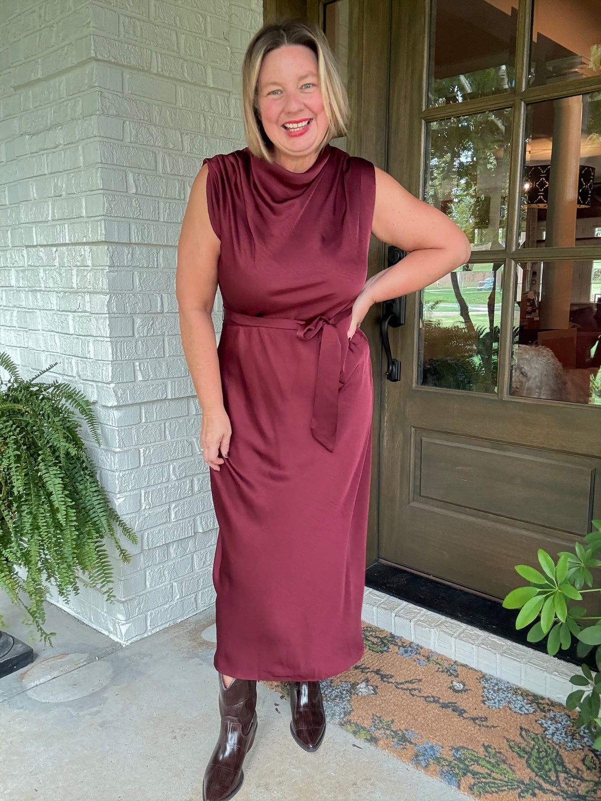 Mock Neck Sleeveless Midi Dress - Burgundy