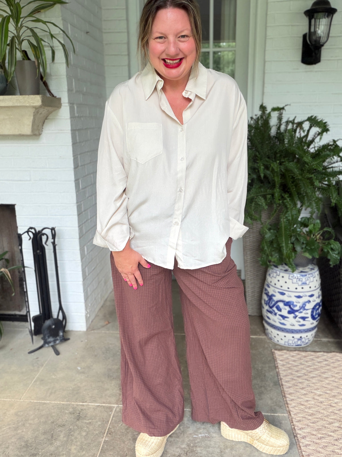 Subtle Gingham Wide Leg Pant - Rust Multi