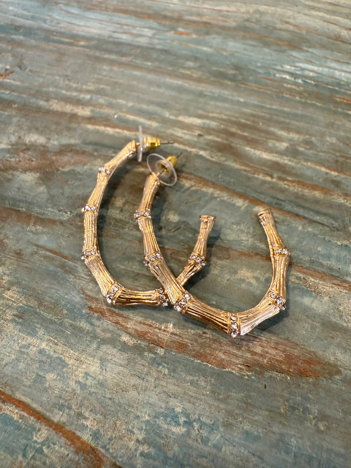 Gold Bamboo Hoop Earrings with Crystal Accents