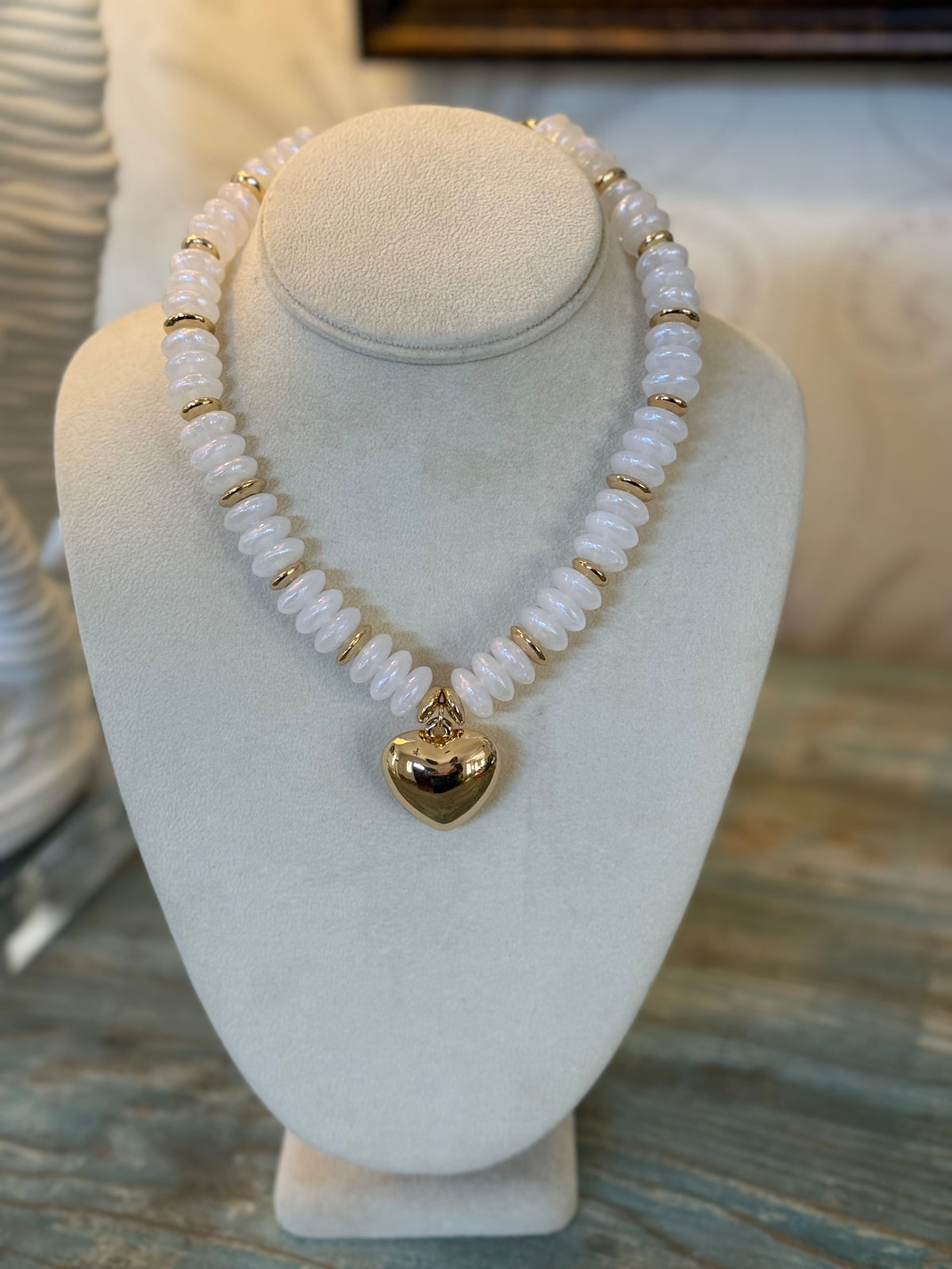 White Heishi Bead Necklace with Gold Heart Pendant